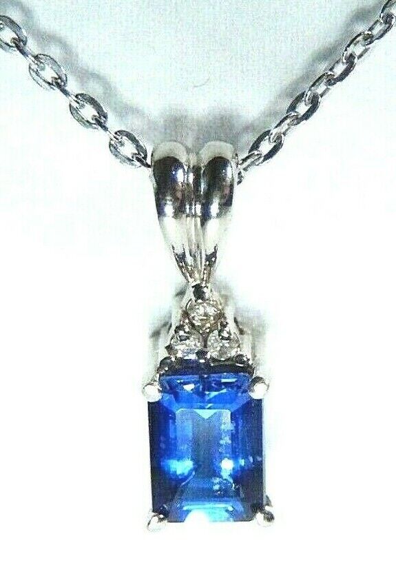 *NWT*  14k White Gold 1.00CT Emerald Sapphire And Diamond Pendant with 18" Chain