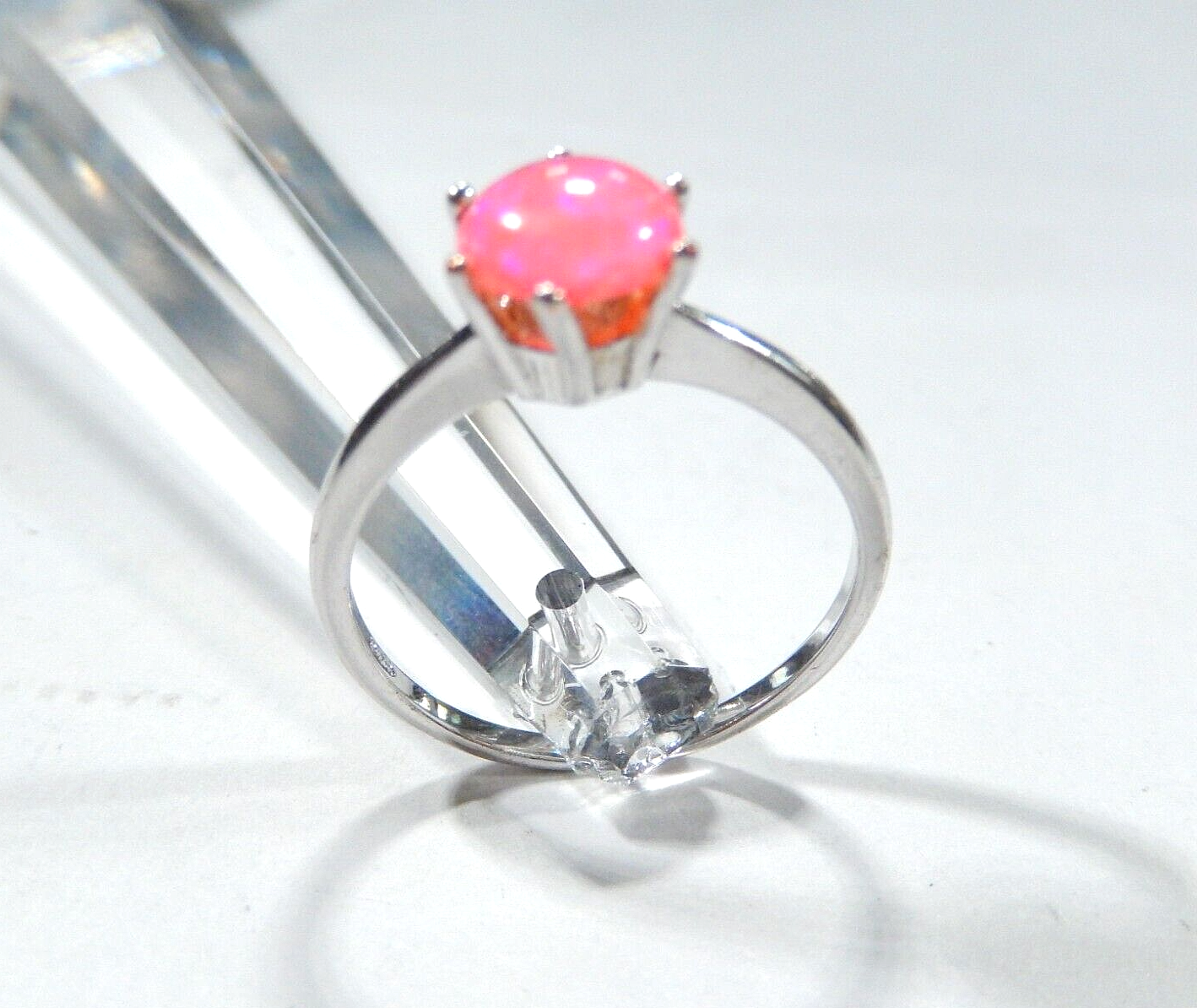 *VINTAGE*  Sterling Silver Lab Created Pink Opal Solitaire Ring Sz 8.75