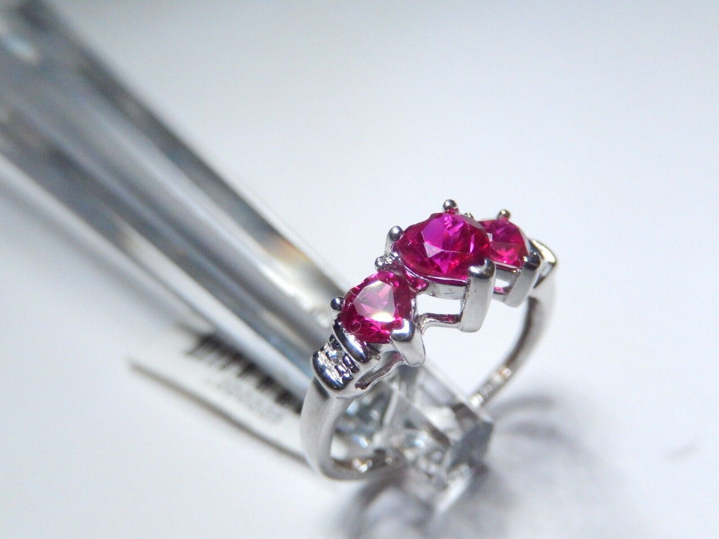 *NWT*  10k White Gold Three Stone Heart Lab Created Ruby & Diamonds Ring Sz 6.25