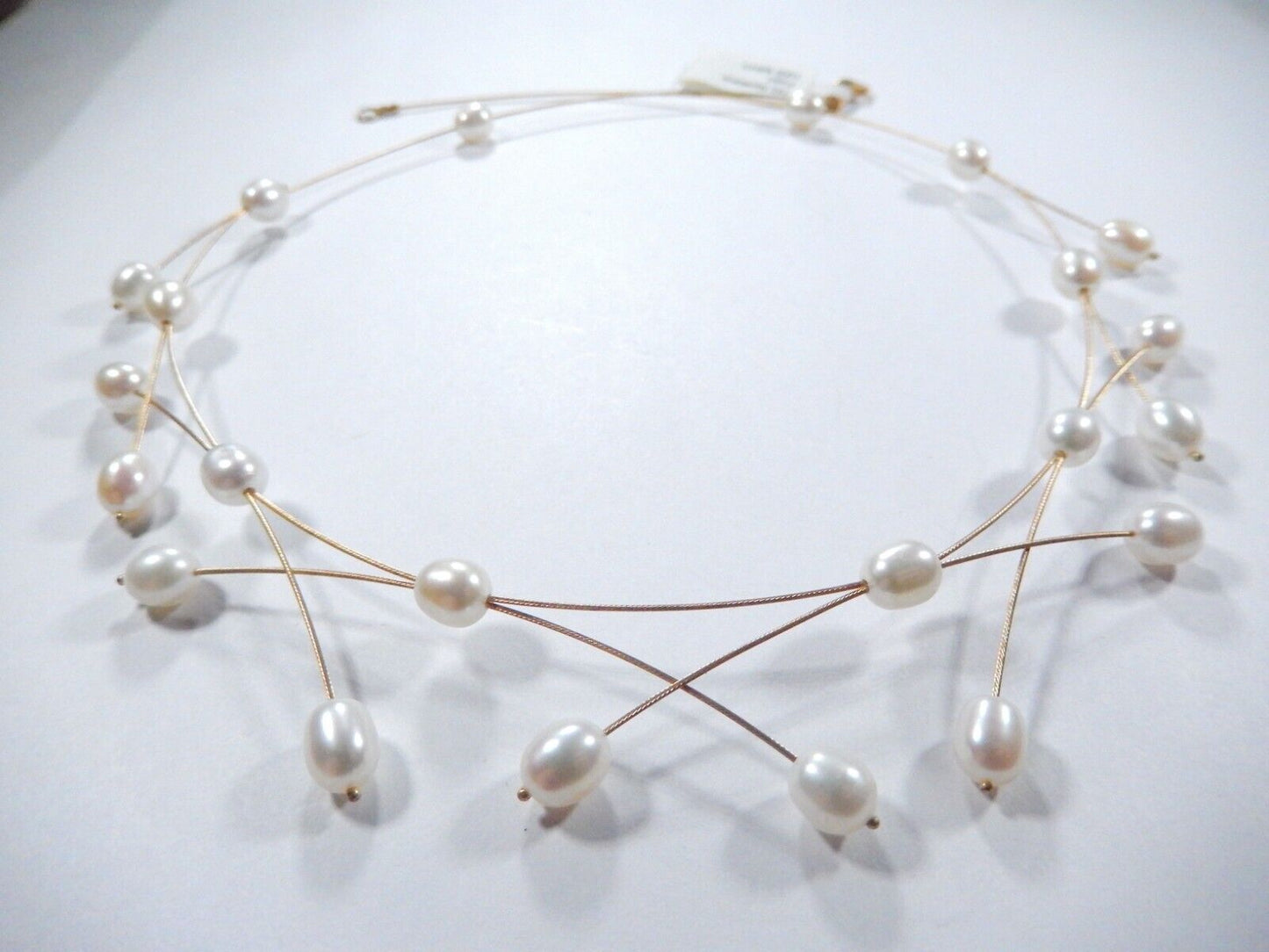Solid 14k Yellow Gold Wire 7.5mm x 5.5mm 22 White Pearls  17" Necklace 9.8 gms