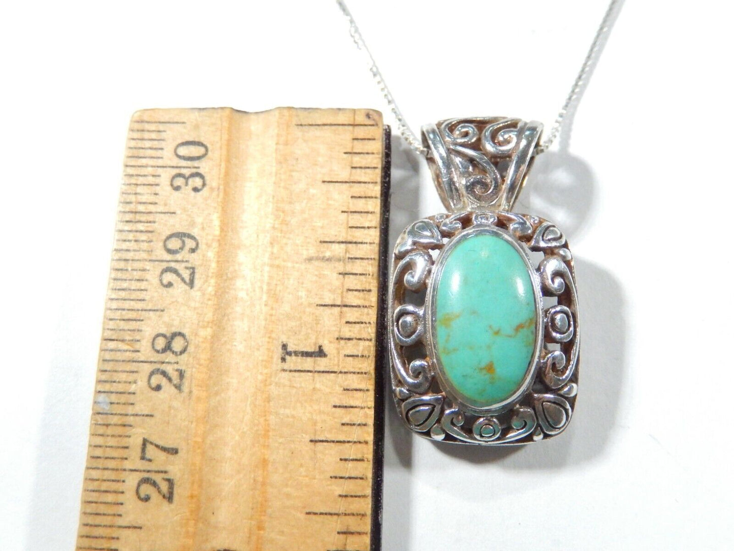 *VINTAGE*  Southwest 925 Sterling Silver 1.25" Turquoise Pendant w/18" Chain