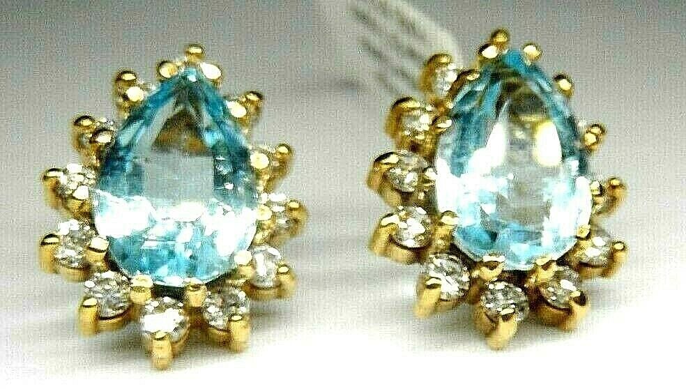 *LUXURY VINTAGE*  14K YG 5CT Pear Swiss Blue Topaz & 1.25CT  VS Diamond Earrings