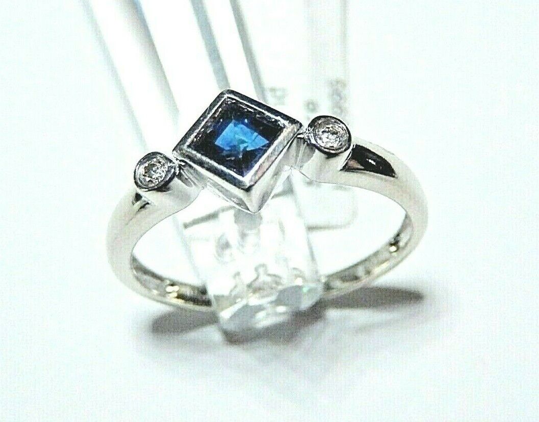 *NWT* 10k White Gold Princess Cut Sapphire And Two Diamond Ring Size 7.75