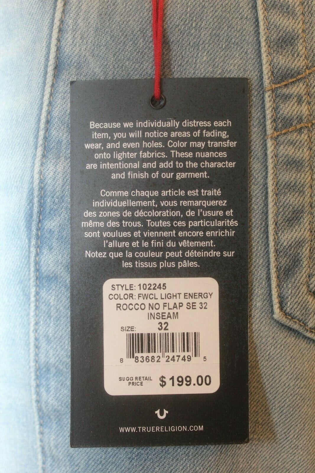 *NWT* $199. True Religion Men's Rocco Relaxed Skinny Light Energy Jeans W32xL32