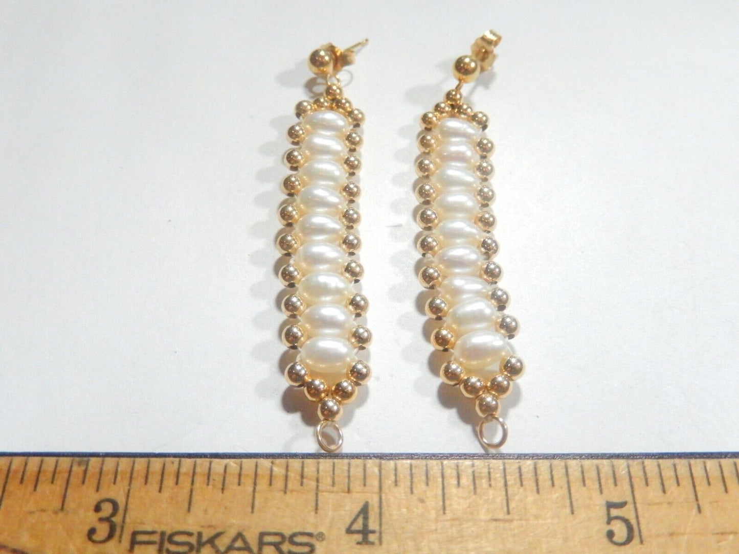 14K Yellow Gold Beaded and White Freshwater PEARLS Double Strand Dangle EARRINGS