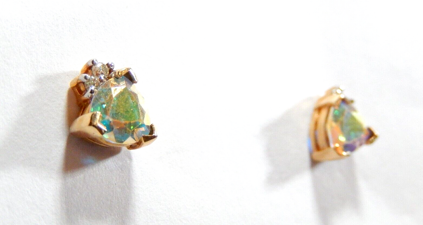 *VINTAGE* -  10k Yellow Gold Trillion  Mystic Topaz and Diamond Stud Earrings