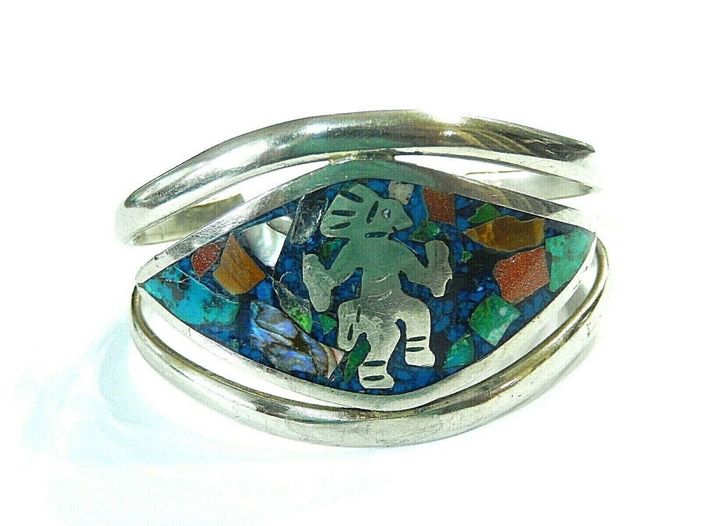 Vintage Mexico 925 Sterling Real Gem Inlay Tribal Dancing Wide Bangle Bracelet