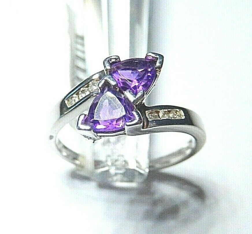 *NWT* 10K White Gold 1 CT Triangle Cut Amethyst & Six Diamond Bypass Ring Sz 7.5