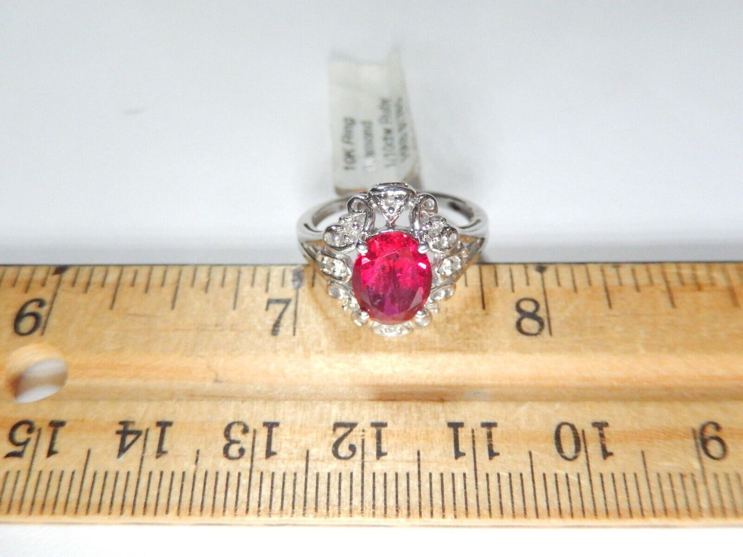 *NWT* 10k White Gold Lab Created 2.00 CT Oval Ruby and Diamond Halo Ring Sz 6.5