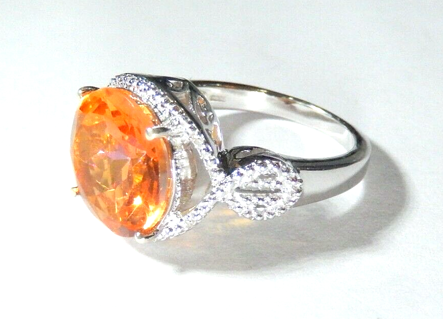 Sterling Silver 9.50 CT Round Citrine & Diamond  Ring Size 10.5