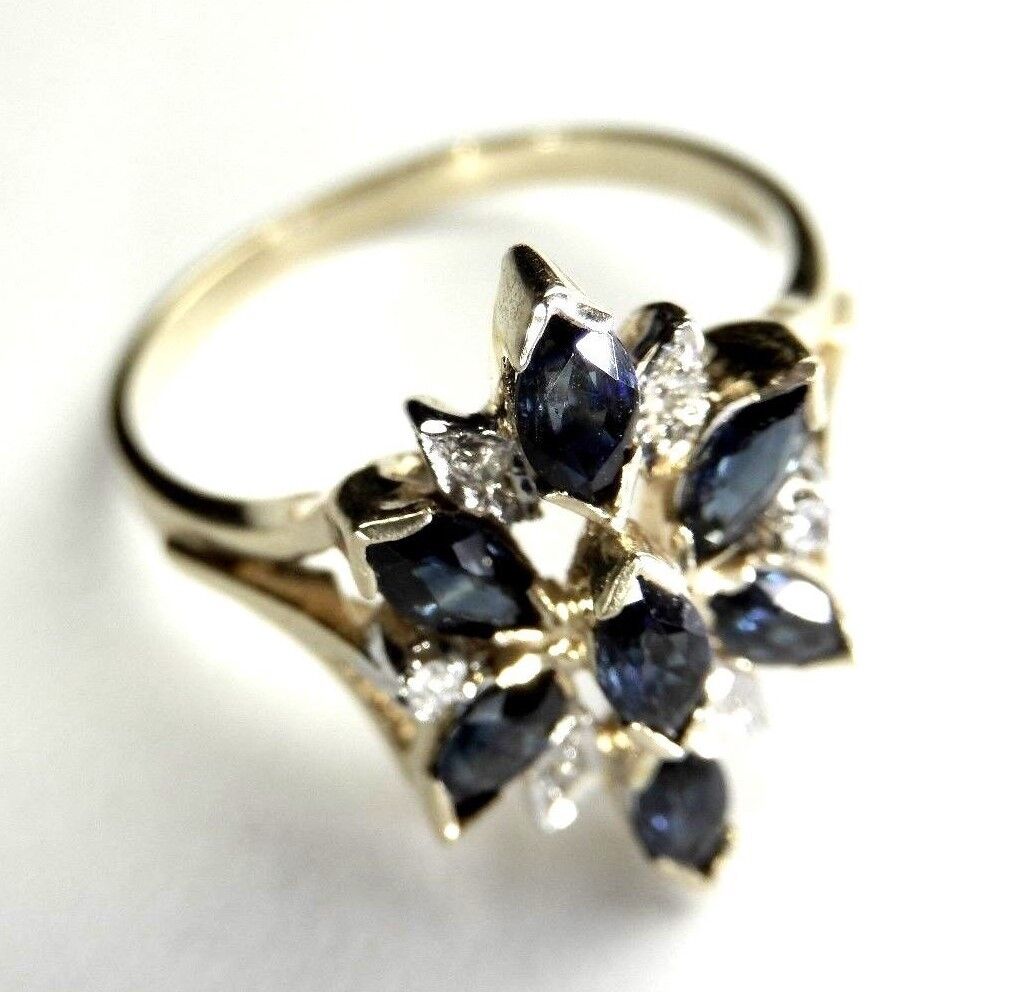 14K Yellow Gold Sapphire Marquise & Diamond Round  Free-Form Cluster Ring Sz 7