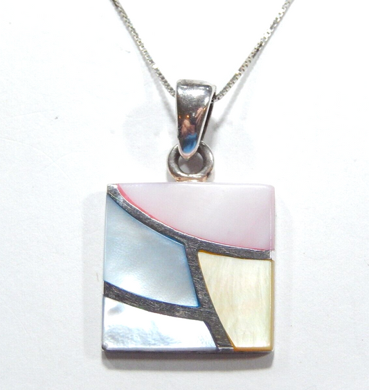*VINTAGE* Sterling Silver & Mother of Pearl Inlay Multi Color Pendant w/18"chain