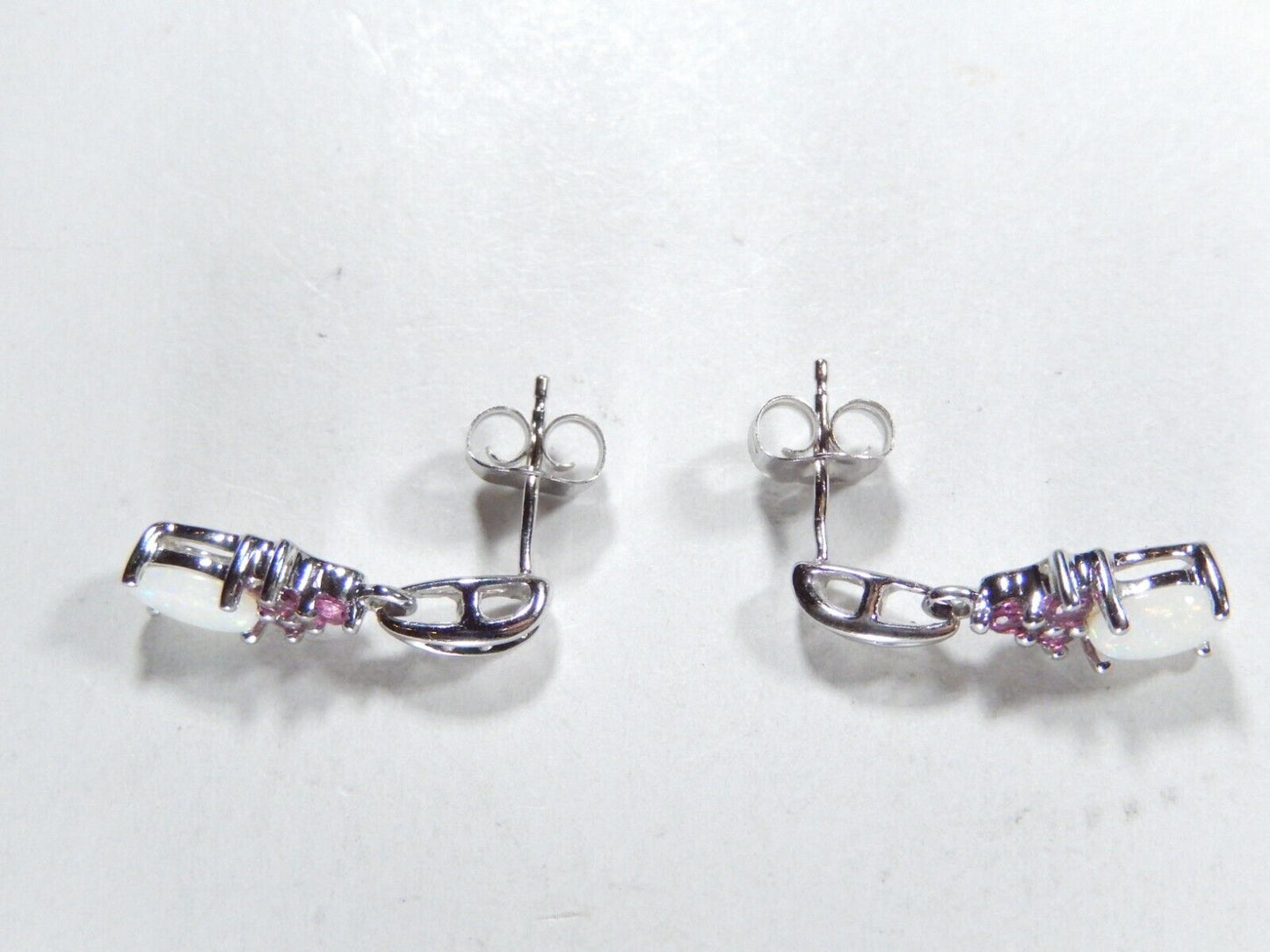 10K White Gold Ruby & Diamond & Opal Drop Dangle Earrings 19mm x 5.5mm