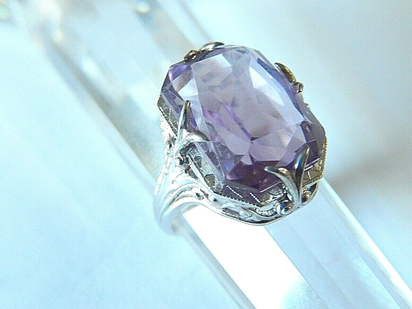 *VINTAGE* 18K White Gold Art Deco 7CT Emerald Cut Amethyst Gemstone Ring Sz 4.75
