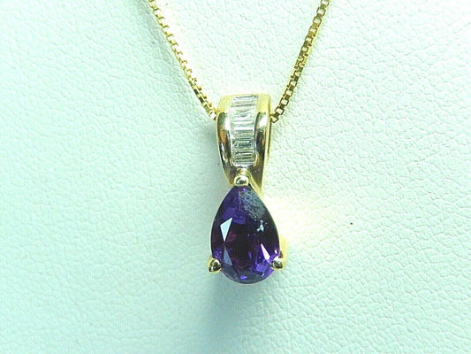 *VINTAGE*  14k Yellow Gold Purple Amethyst & Baguette Diamond Pendant w/18"Chain