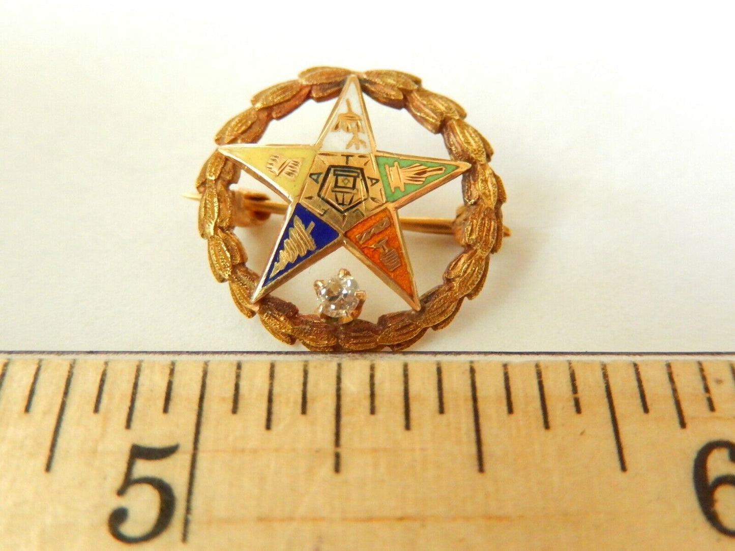 Antique 14K Yellow Gold Eastern Star Pin With Mine Cut Diamond NICE!!