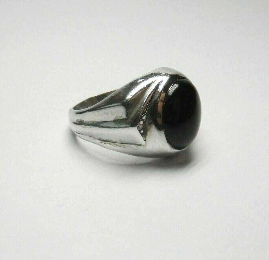 *NICE* Vintage Sterling Silver Oval 10mm x 8mm Black Onyx & Diamond Ring Sz 8