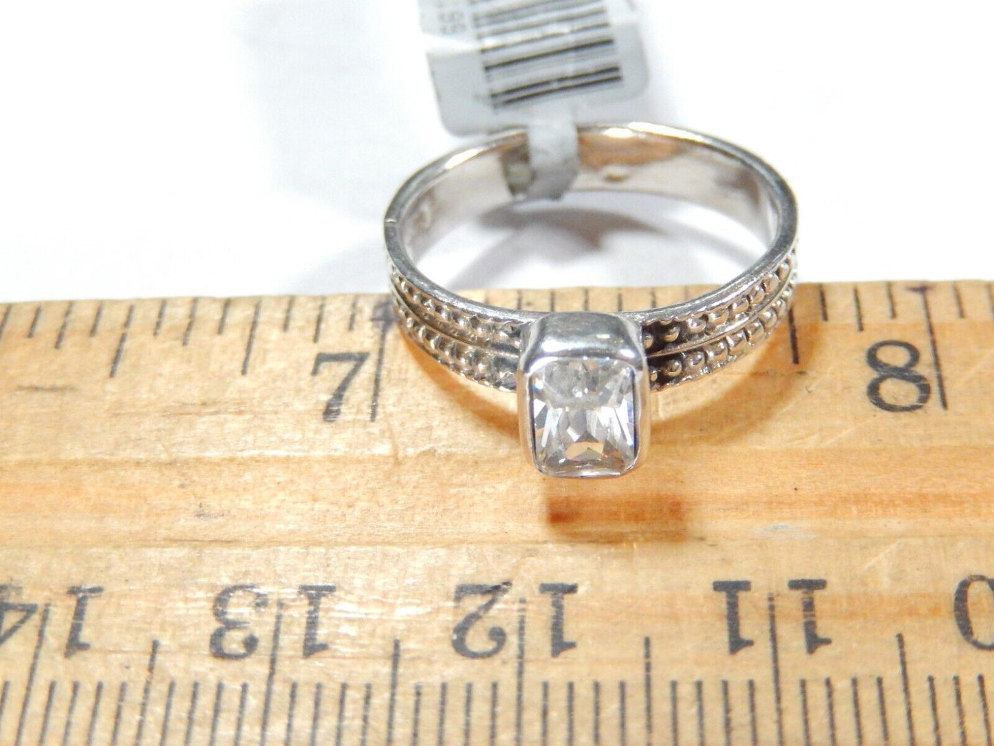 *VINTAGE*   .75 CT Emerald CZ SOLITAIRE STERLING SILVER BEADED BAND RING SZ 7.75