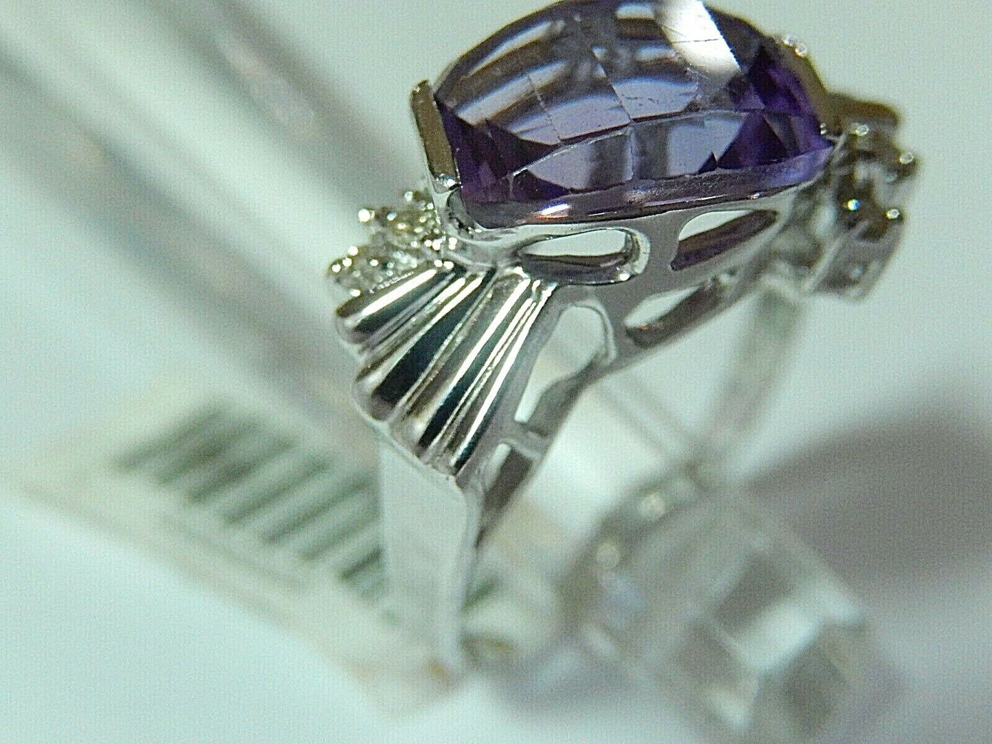 *VINTAGE* 14k White Gold Fancy Cut Amethyst Bezel Set Diamond Ring Sz 8.25