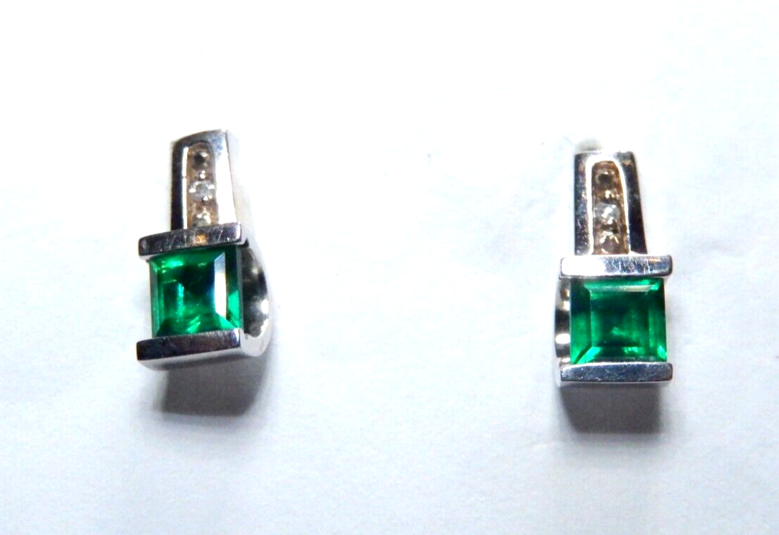 *VINTAGE*  10k White Gold Lab Created Emerald and Diamond Earrings