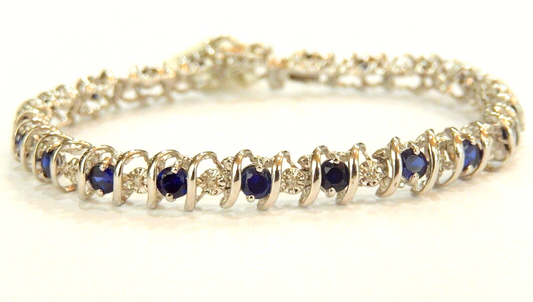 *NWT* 10K White Gold 3.50 CT  Sapphire & Diamond 7.5mm 11.2gm  "S" Bracelet 7"