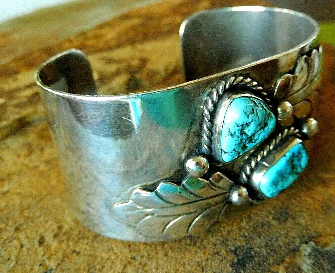 Vintage WIDE & HEAVY Southwest  Sterling SilverTurquoise Bangle F. SANDOVAL
