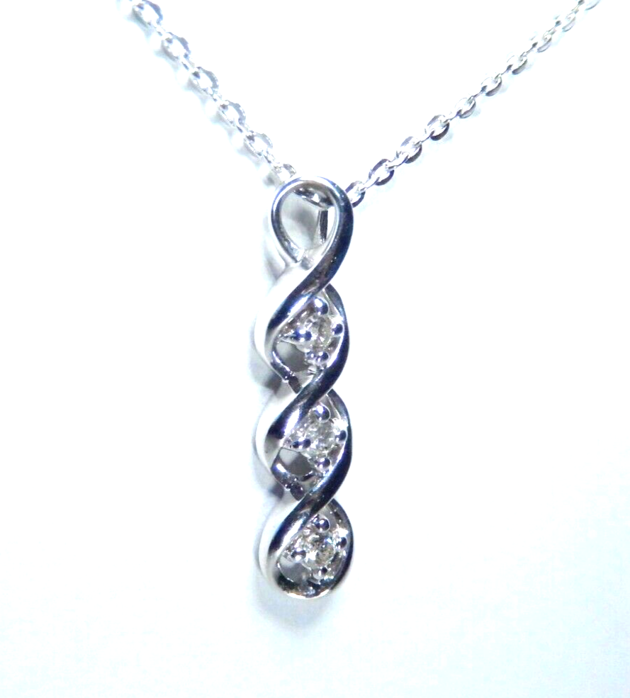 10K White Gold  Three Stone Diamond Necklace Past Present Future Pendant 18" Cha