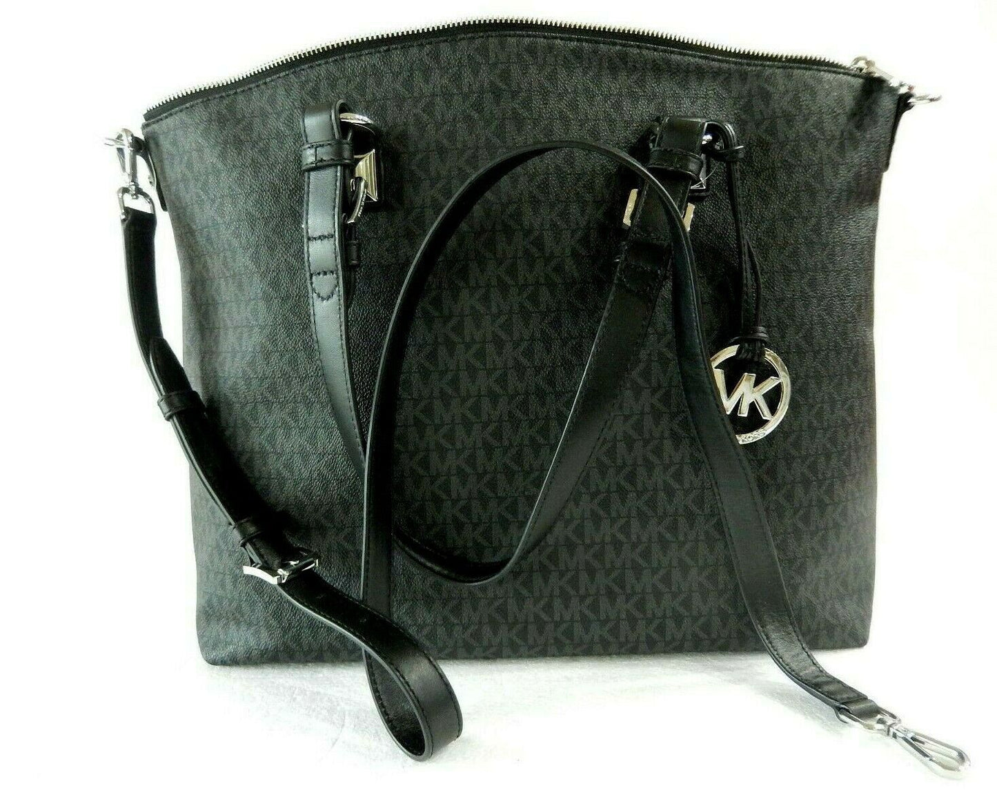 NWT $298 Michael Kors Jet Set Item Multi Function Satchel Black/Silver Large