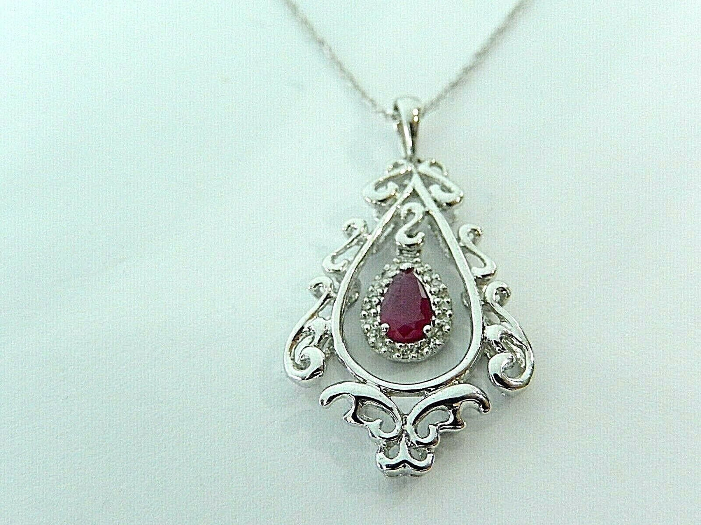 14K White Gold Natural Ruby & Diamond Scroll Swivel Pendant w/ 20" Chain