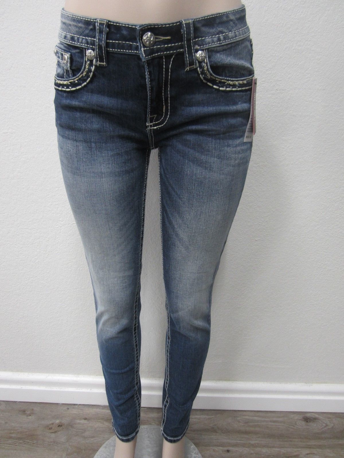 NWT MISS ME M5014S270 CuteSkinny Jeans Med Blue Gold Stitching Nice Size 27 x 30