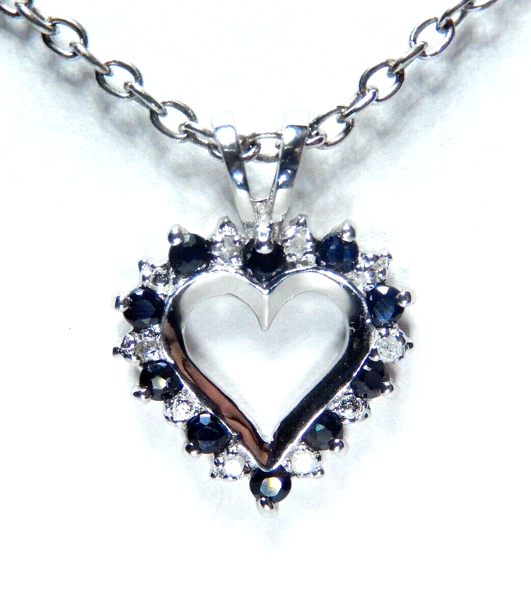 10k White Gold Diamond Sapphire Pendant With 18" Chain