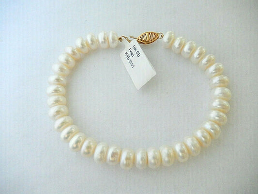 *NEW* 14K Yellow Gold Clasp 8.5mm Fresh Water Button Pearl Bracelet 7.5" Long