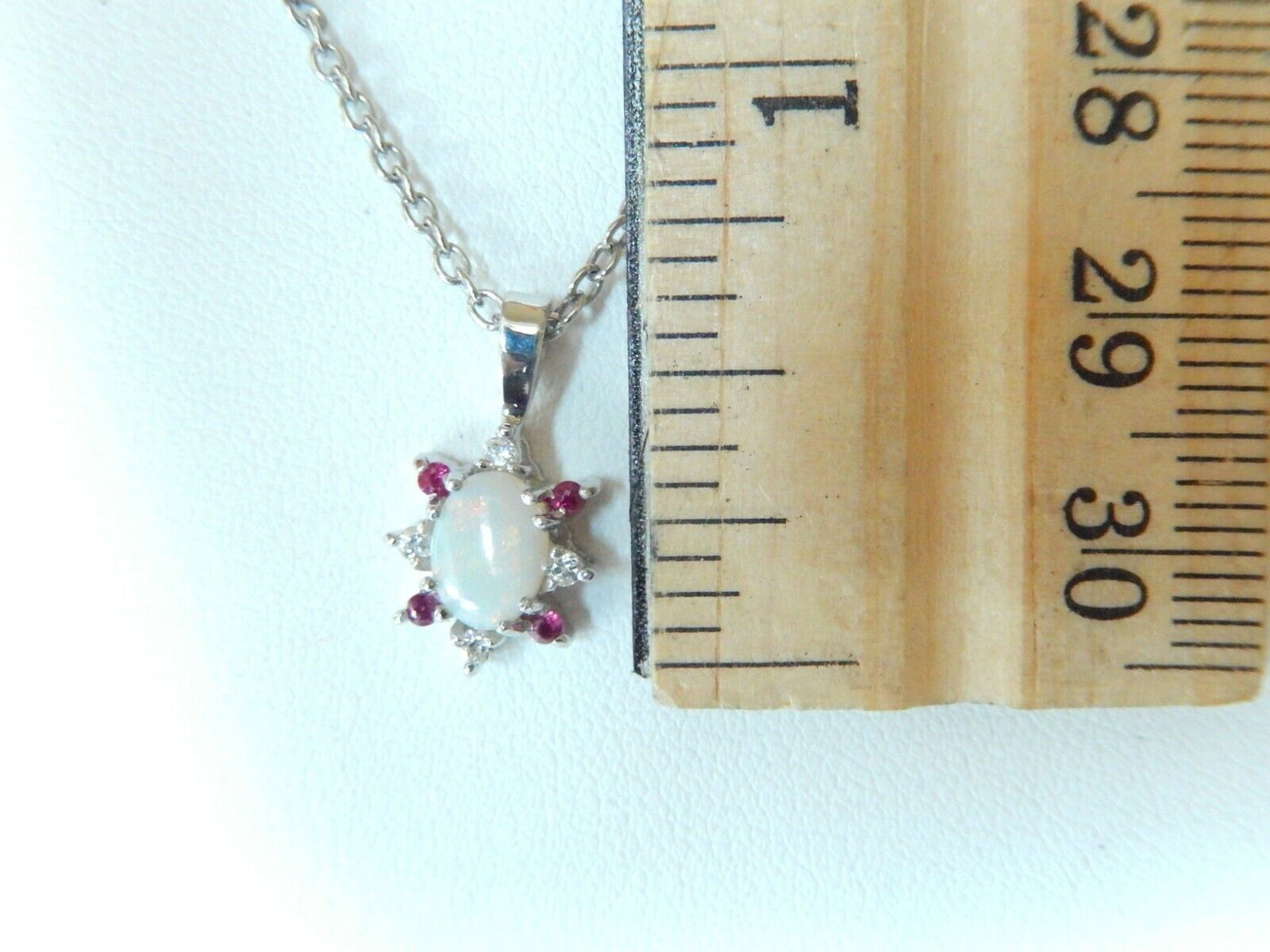 *NWT*  10K White Gold Opal & Halo Ruby & Diamond Pendant Necklace w/18" Chain