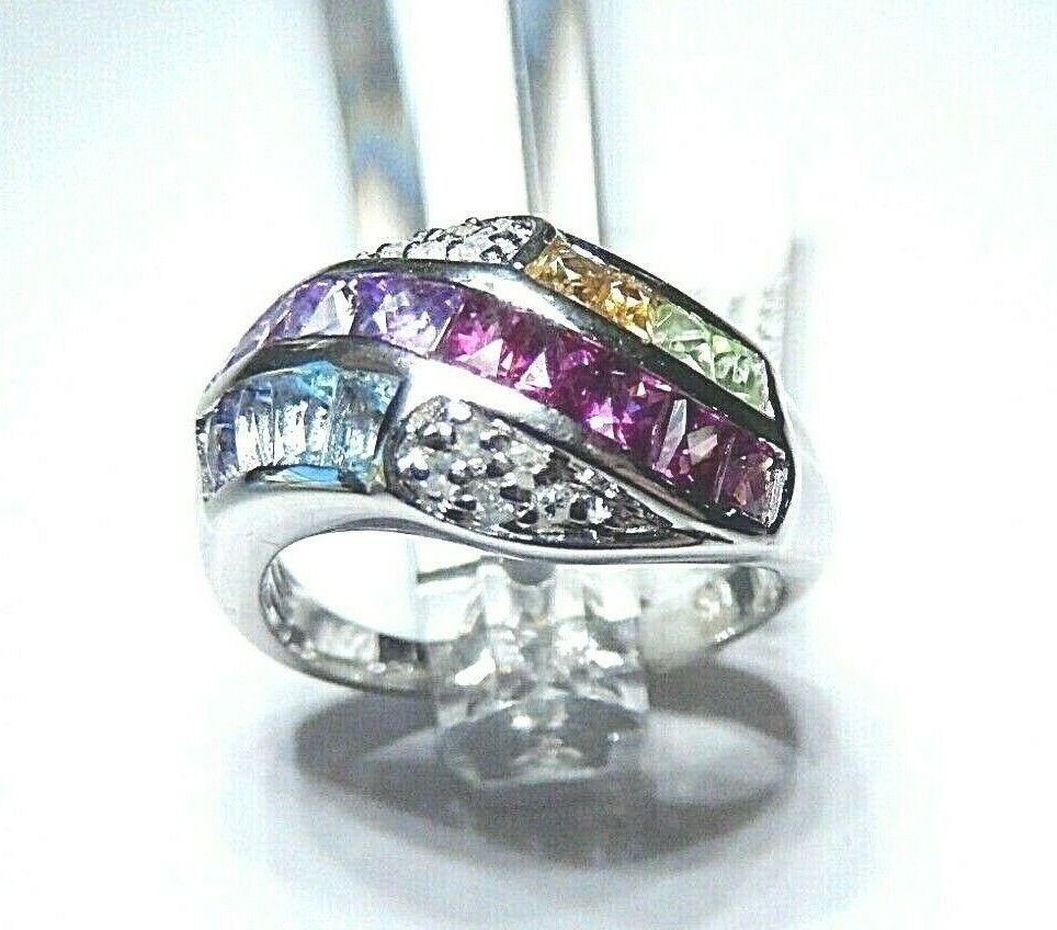 *NWT* 14K White Gold  11mm Wide Multi Gemstone & Diamond Ladies Ring  Size 7