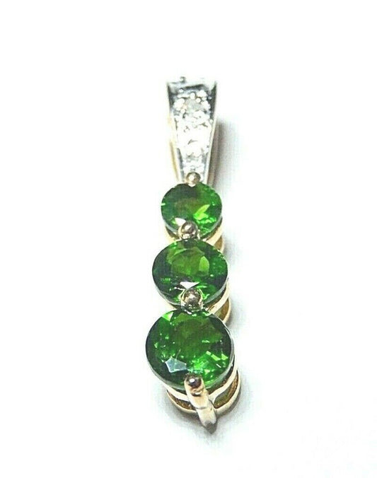 *NWT* 14k Yellow Gold .79CT 3 Stone Chrome Diopside & Diamond Pendant 7/8" Tall