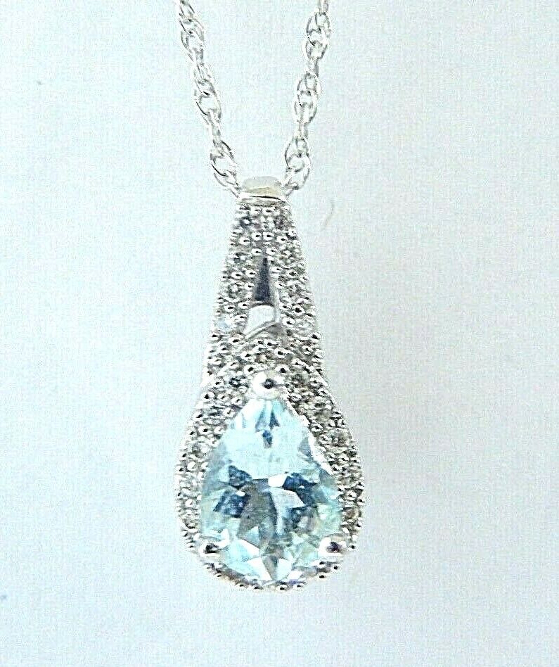 Pear Shape  Aquamarine & Diamond Pendant Necklace in 14K White Gold 18" Chain