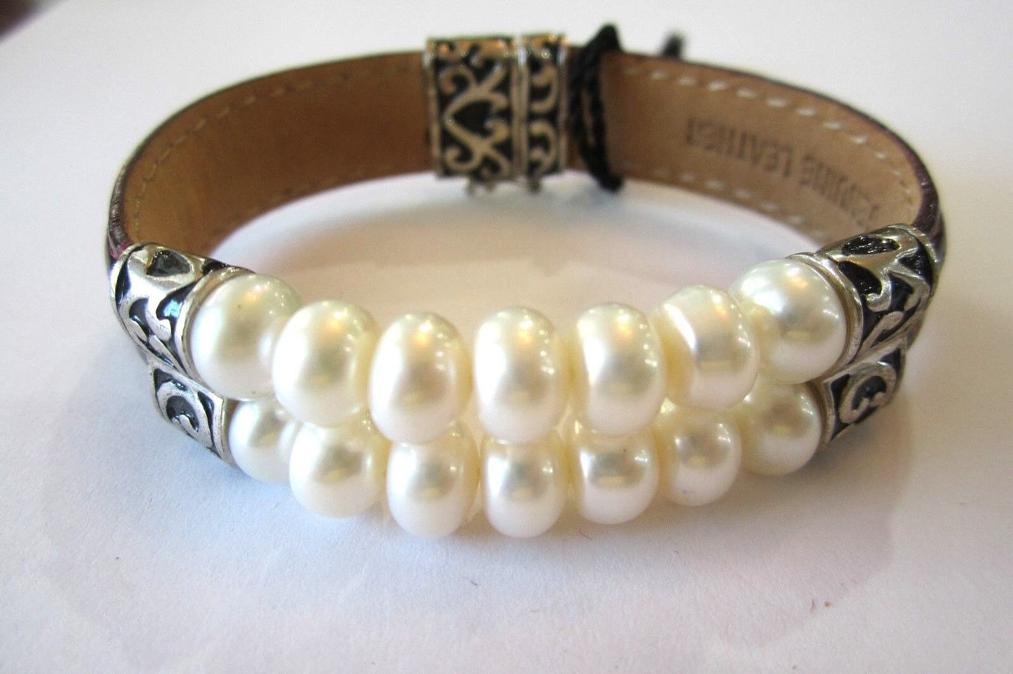 HONORA STER SILVER LEATHER & DOUBLE ROW CULTURED FRESH WATER PEARL BRACELET