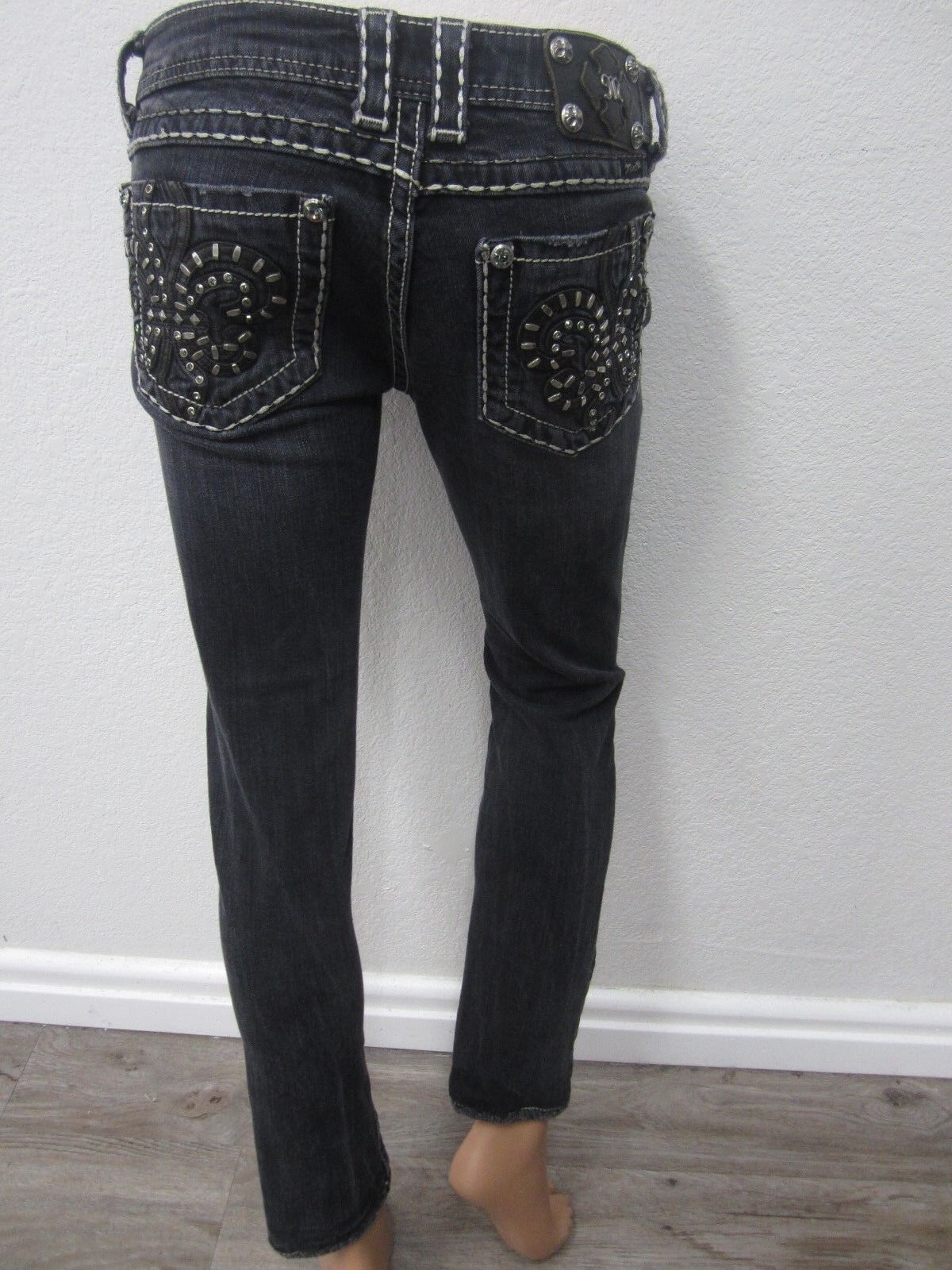 MINT MISS ME SKINNY JE604854L JEANS DARK WASH BLING FLEUR DE LIS SEXY SZ 27x33.