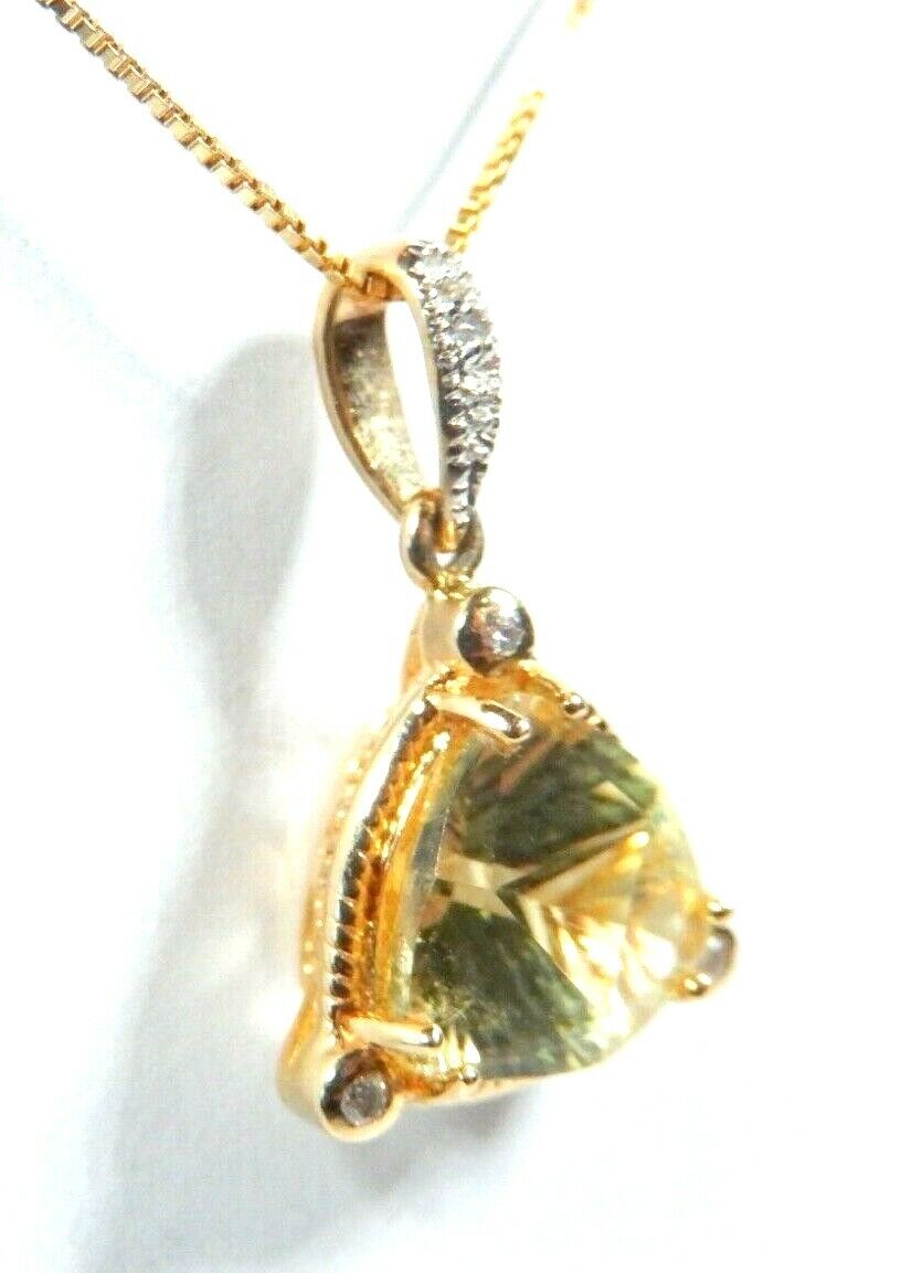 NWT 14K Yellow Gold 2.00 Ct Triangle Citrine Diamond Solitaire Pendant  w/ Chain