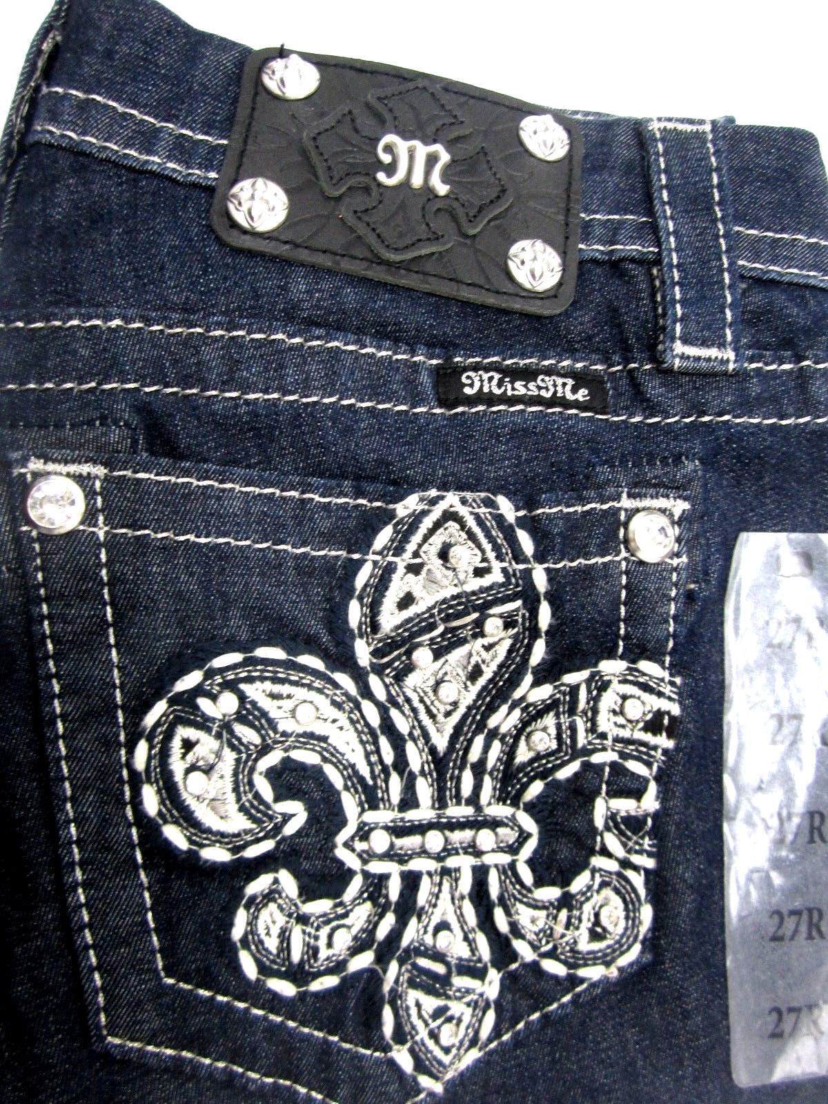 NWTMiss Me Jeans Skinny Fleur de lis Bling Dark Blue JE5735ESR Easy Skinny 27x31