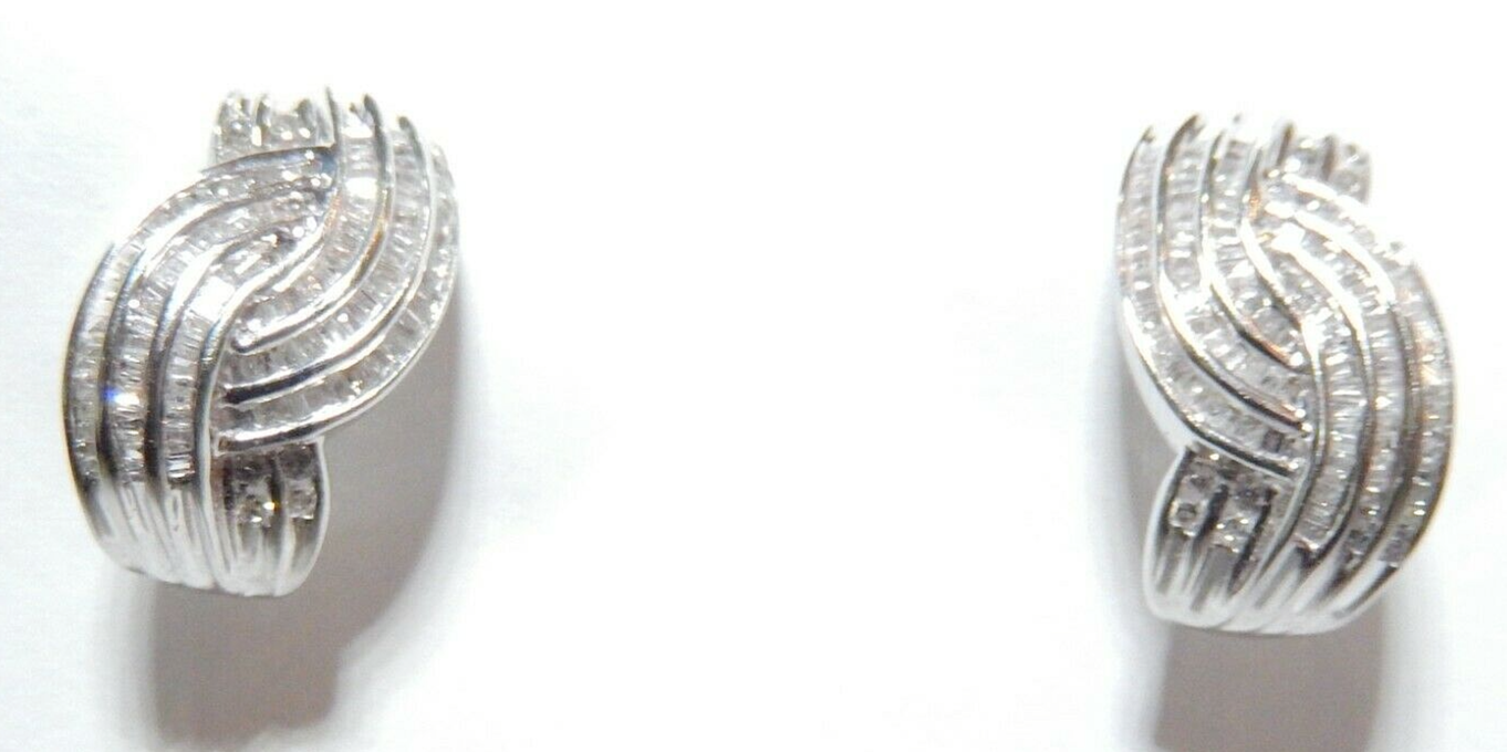 14K White Gold 2.00 CT Natural Baguette Cut Diamond Huggie Hoop  Earrings
