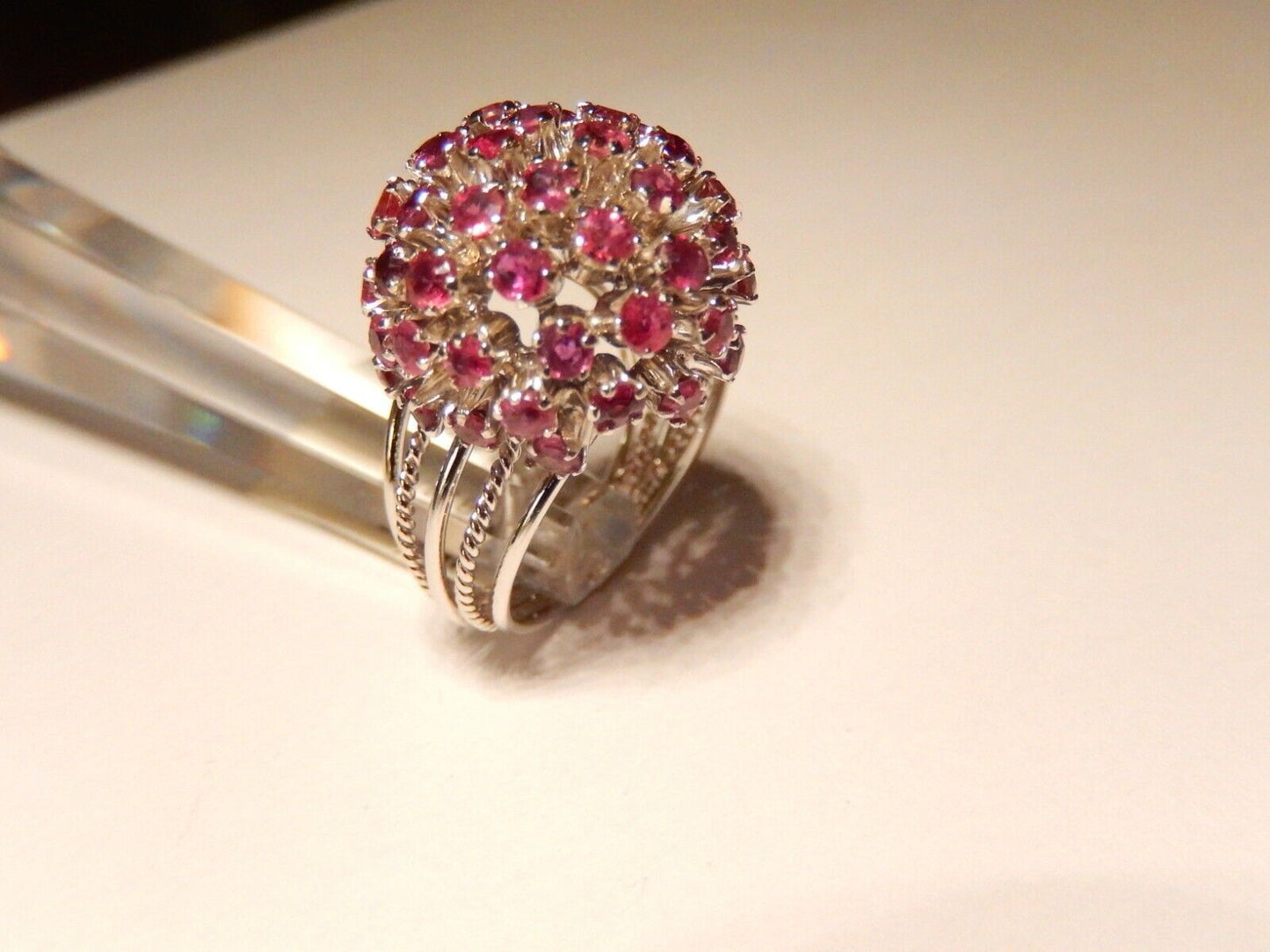 *VINTAGE*  LADIES 14KT WHITE GOLD LARGE RUBY CLUSTER STATEMENT RING SIZE 8