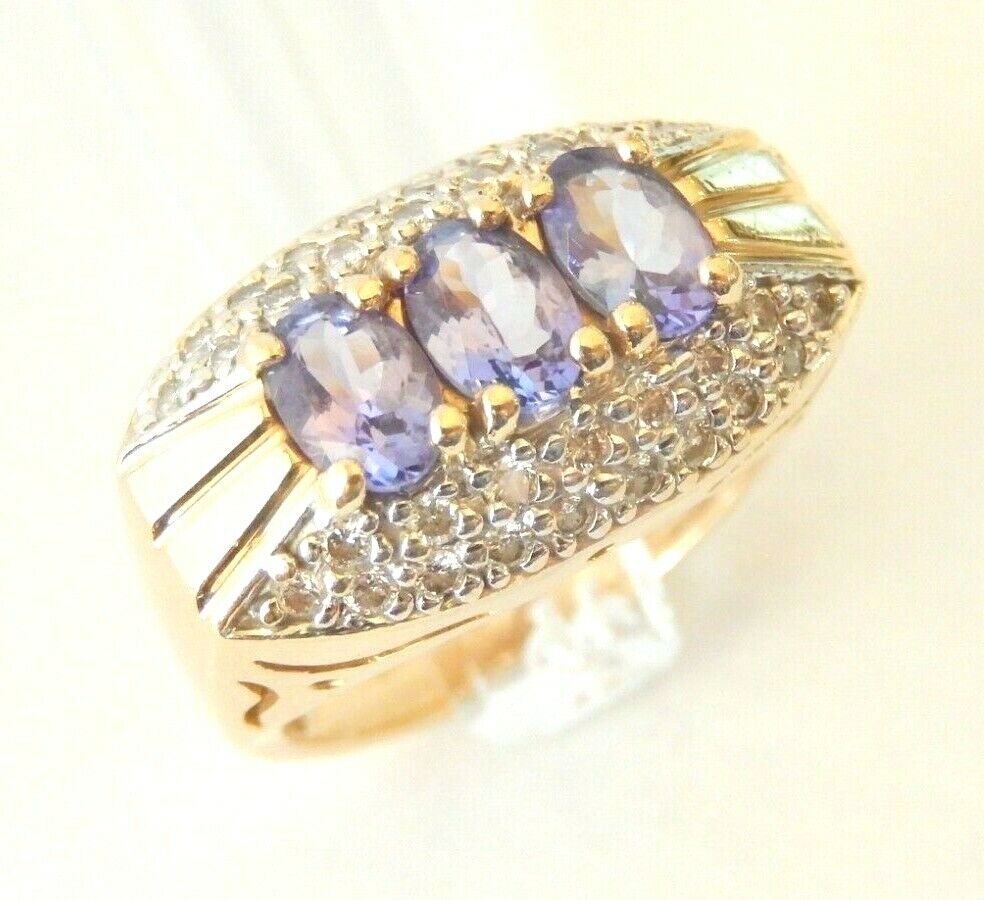 *VINTAGE* 14k Yellow Gold 2CT Tanzanite And Diamond Ladies Cocktail Ring Sz 7.25