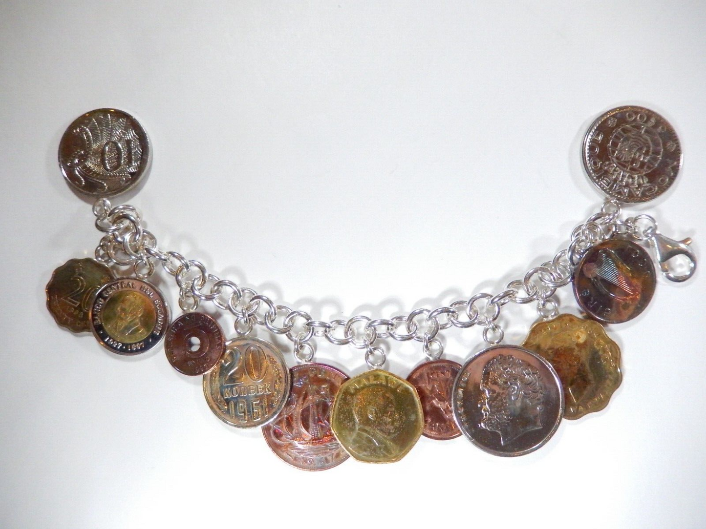 *VINTAGE*  Sterling Silver Italy International Coin Bracelet 7” Unique Piece!