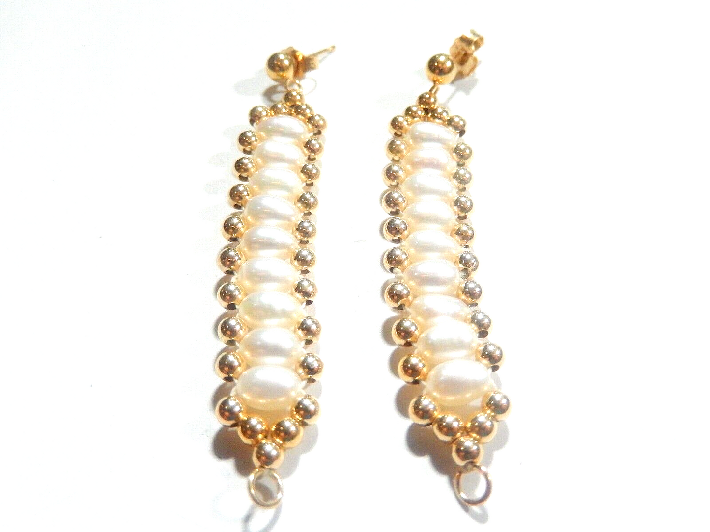 14K Yellow Gold Beaded and White Freshwater PEARLS Double Strand Dangle EARRINGS