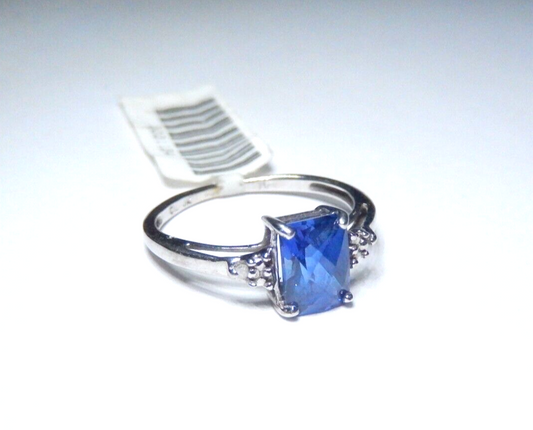 *VINTAGE* 10k White Gold Lab Created Checkerboard Cut Sapphire &Diamond Ring 5.5