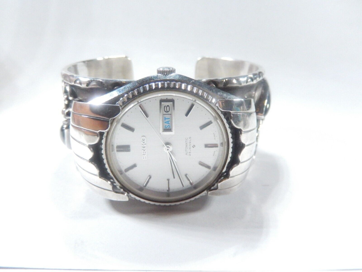 Navajo Johnny Frank 1911 Sterling Silver Stamped Seiko Automatic Cuff Bracelet
