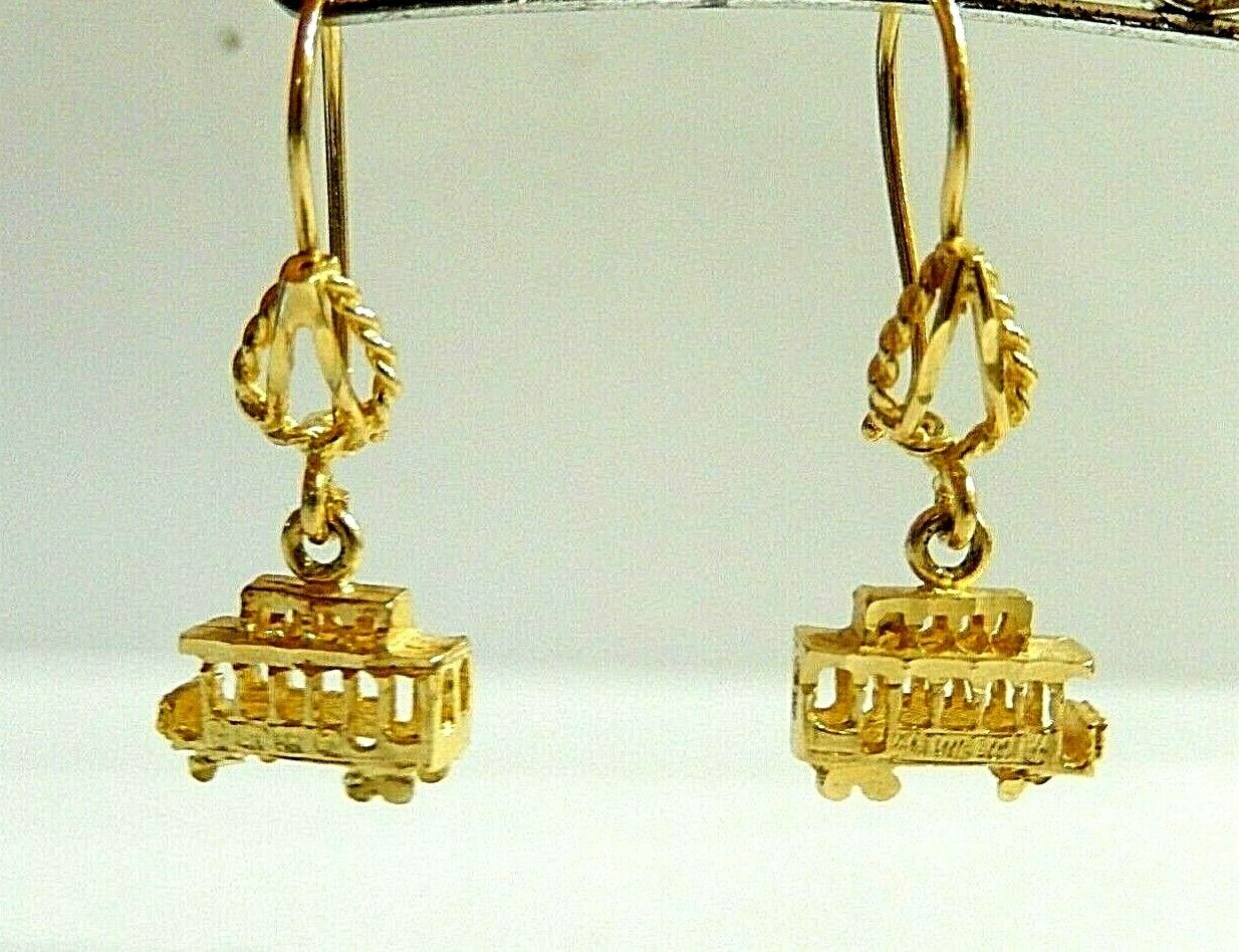 14KT Yellow Gold Unique 3 D  Trolley Car Dangle Drop Earrings 1 1/8"  x  1/2"