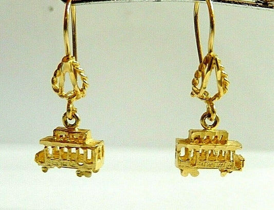 14KT Yellow Gold Unique 3 D  Trolley Car Dangle Drop Earrings 1 1/8"  x  1/2"