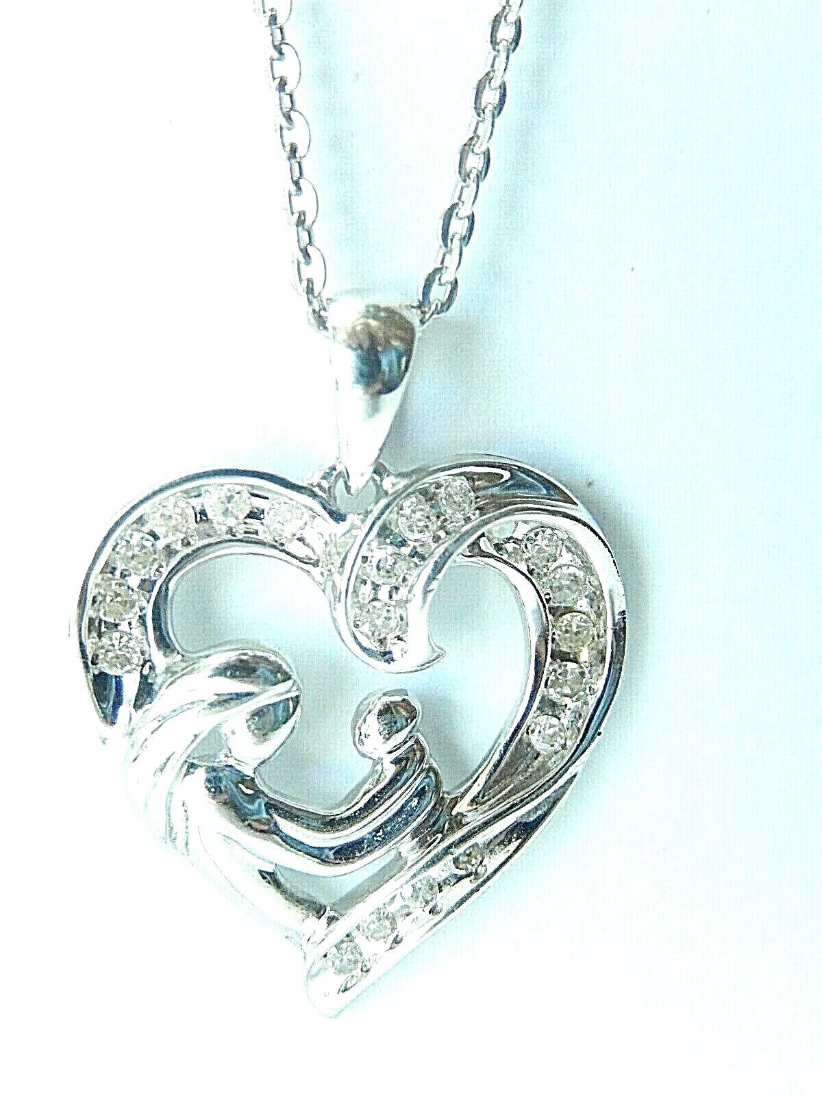 10K White Gold MOM CHILD Hearts Diamond Love Pendant With 18" Chain